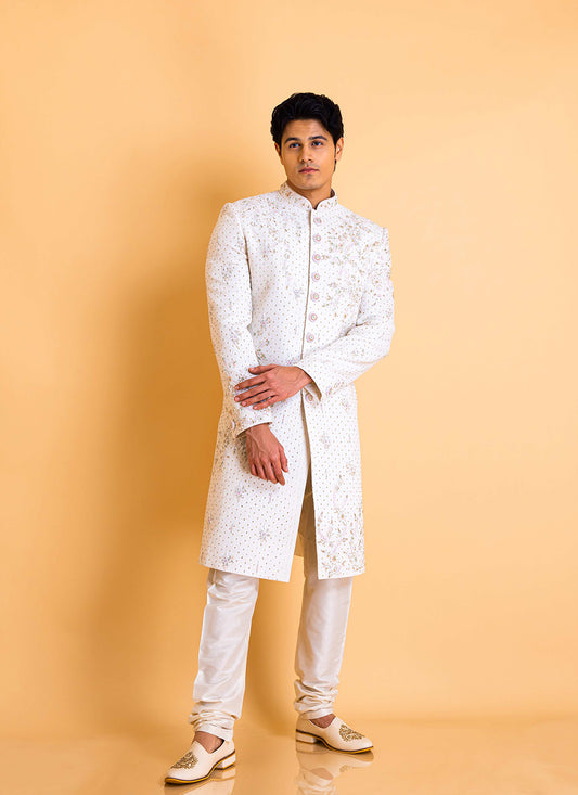 Pearl White Sherwani set in Lucknowi embroidery