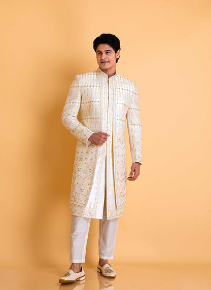 Lucknowi sherwani with floral threadwork