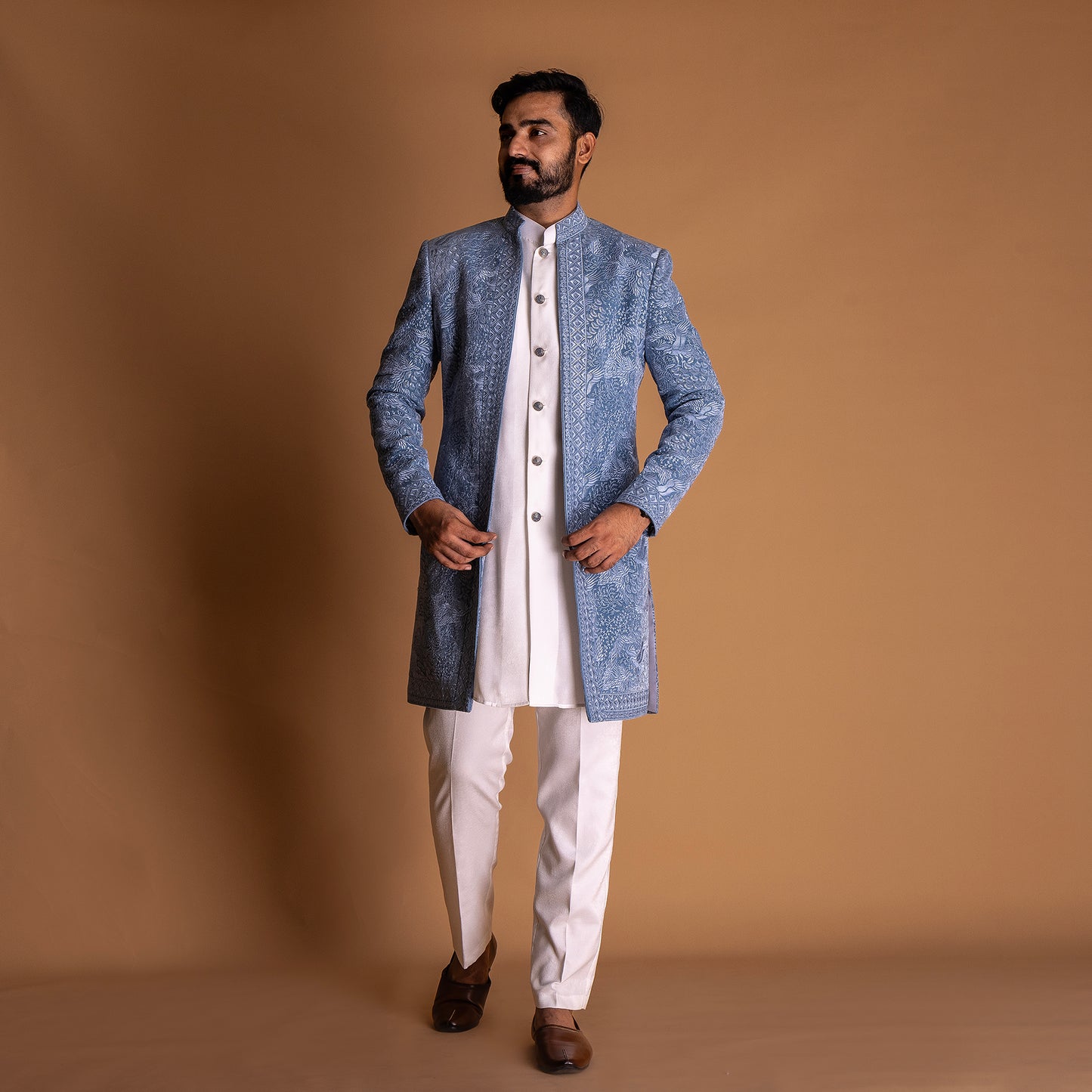 White and Blue Indo-western Kurta set