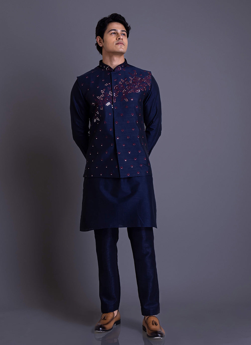 Navy Blue Jacket Set with Thread work and Mirror work