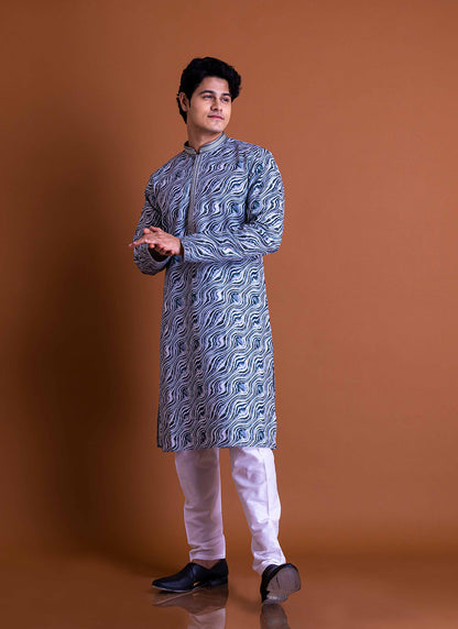 Wavey Blue & White Artistic Print Kurta Set