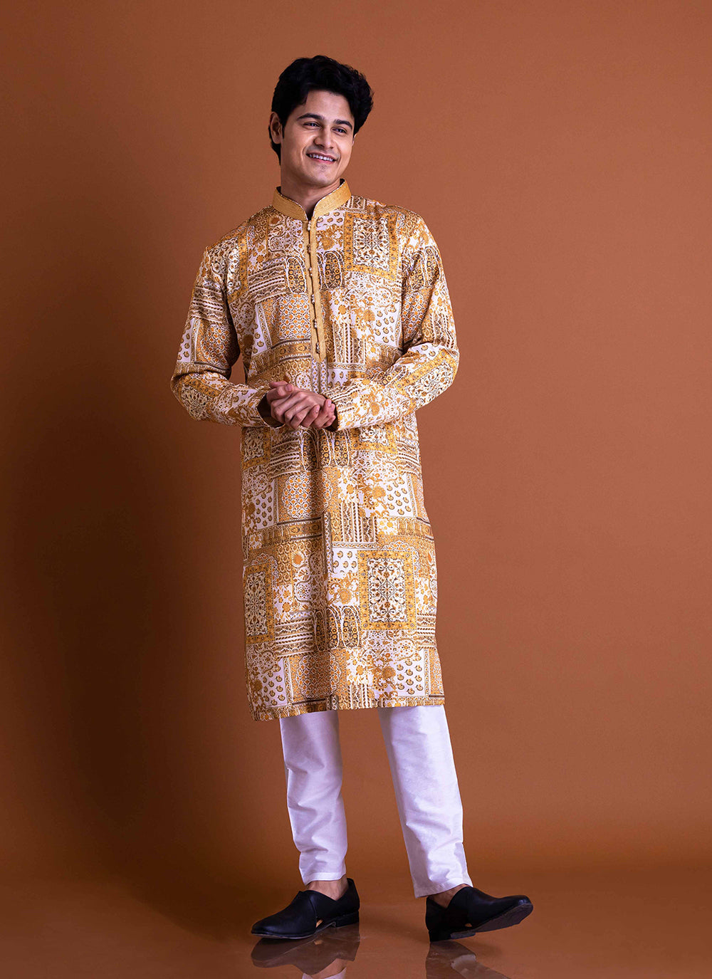 Yellow abstract print Kurta Set