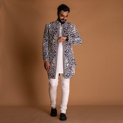 White Indo-western Kurta Set with blue Jacket