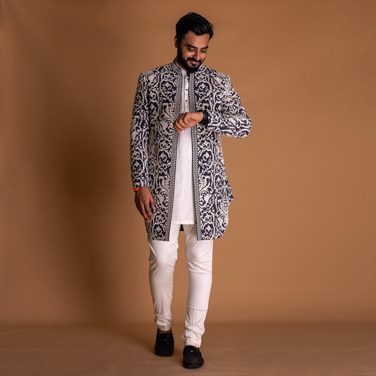 White Indo-western Kurta Set with blue Jacket