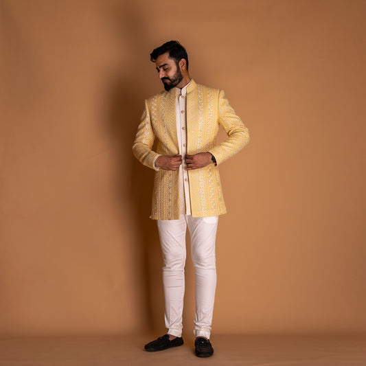 White Indo-western Kurta set with Yellow Jacket