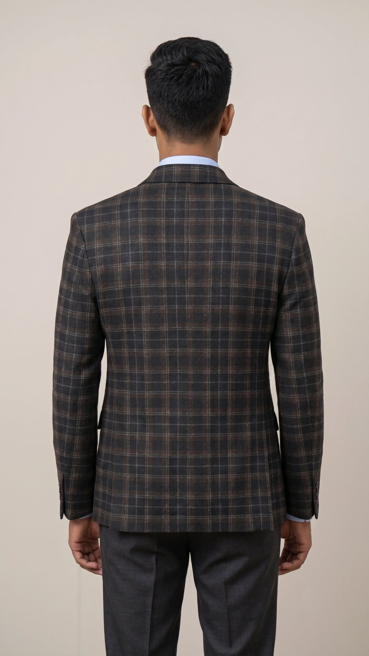 Men’s Tailored Charcoal & Mocha Tartan Plaid Blazer