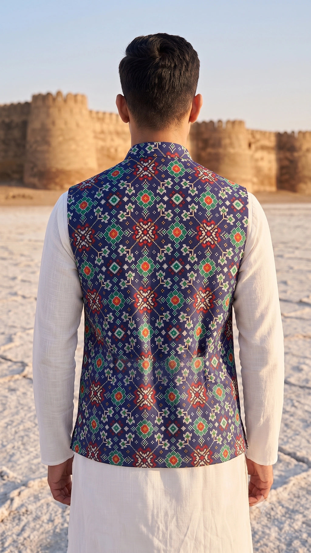 Men’s Royal Navy Blue Patola Printed Nehru Jacket