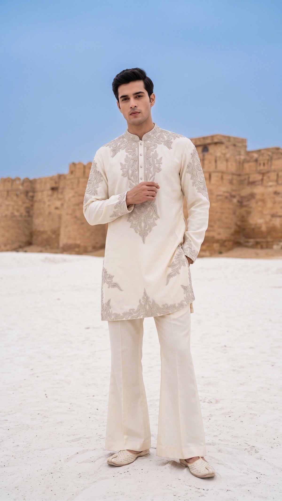 Ivory Hand-Embroidered Silk Kurta Set with Bootcut Trousers