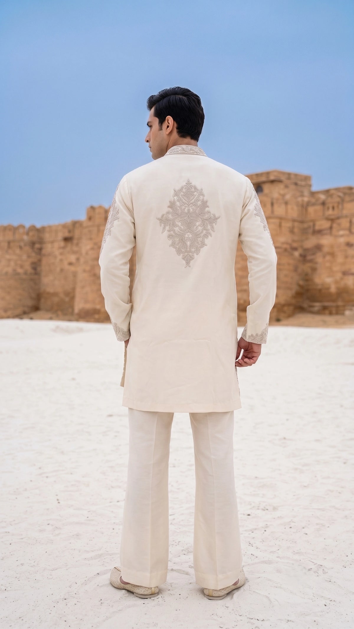Ivory Hand-Embroidered Silk Kurta Set with Bootcut Trousers