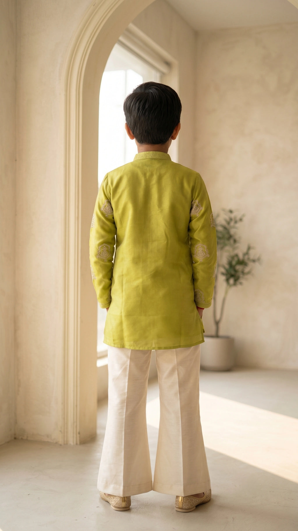 Boys Parrot Green Embroidered Short Kurta & Off-White Bell Bottom Set