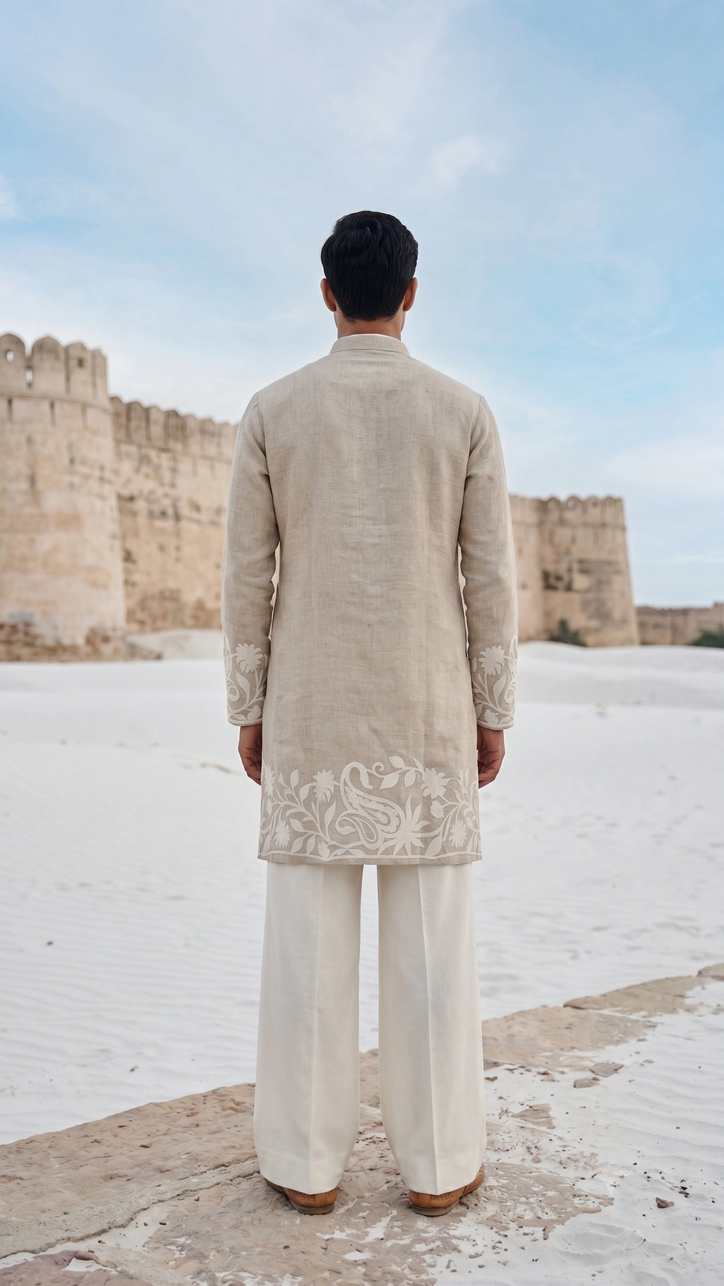 Beige Slub-Linen Embroidered Kurta for men