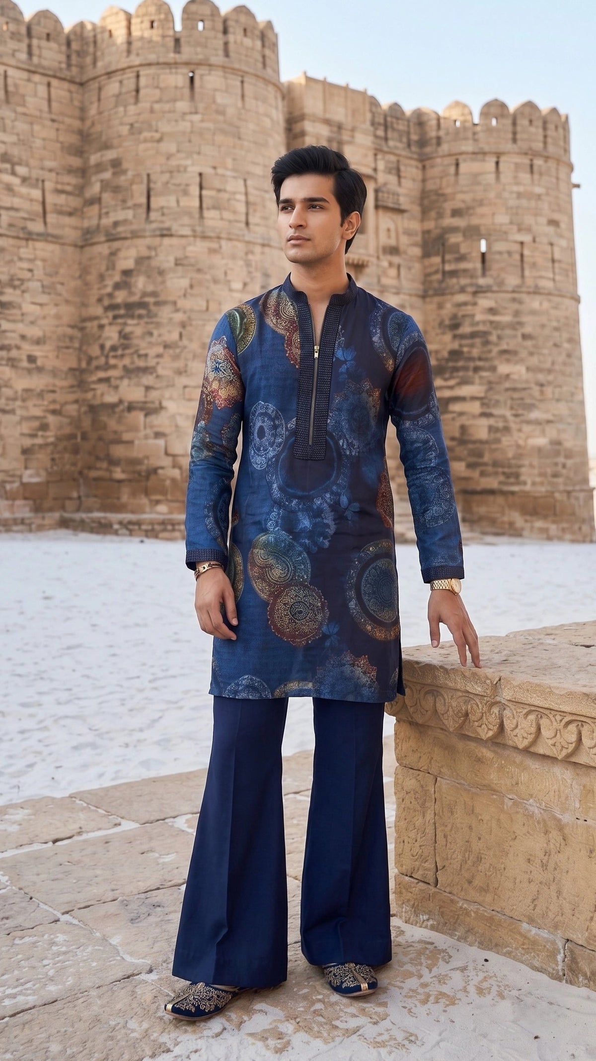 The Indigo Mandala Silk Kurta Set with Structured Boot-Cut Trousers