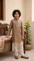 Boys Olive-Brown Embroidered Silk-Blend Kurta Set with Trousers
