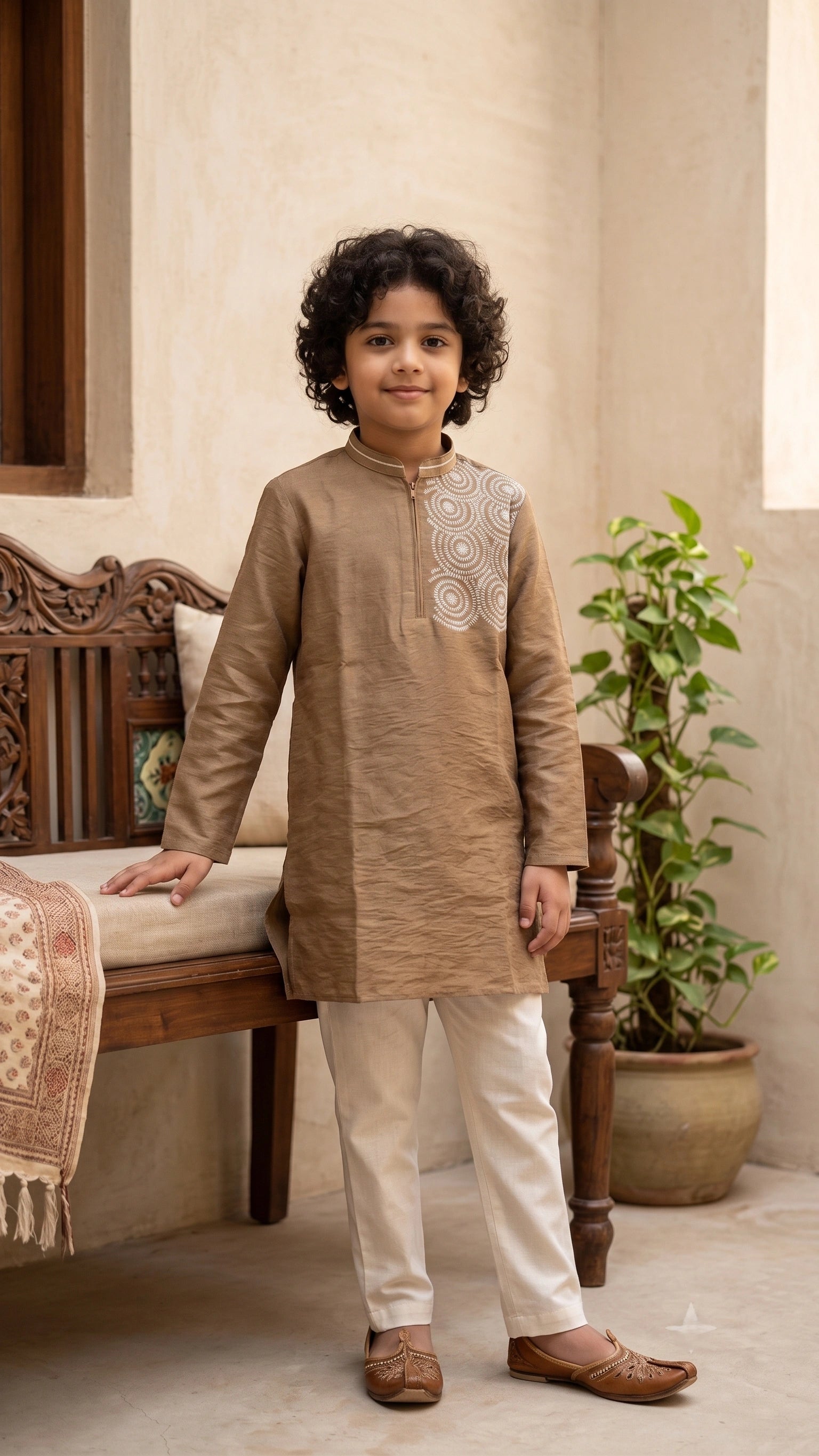 Boys Olive-Brown Embroidered Silk-Blend Kurta Set with Trousers