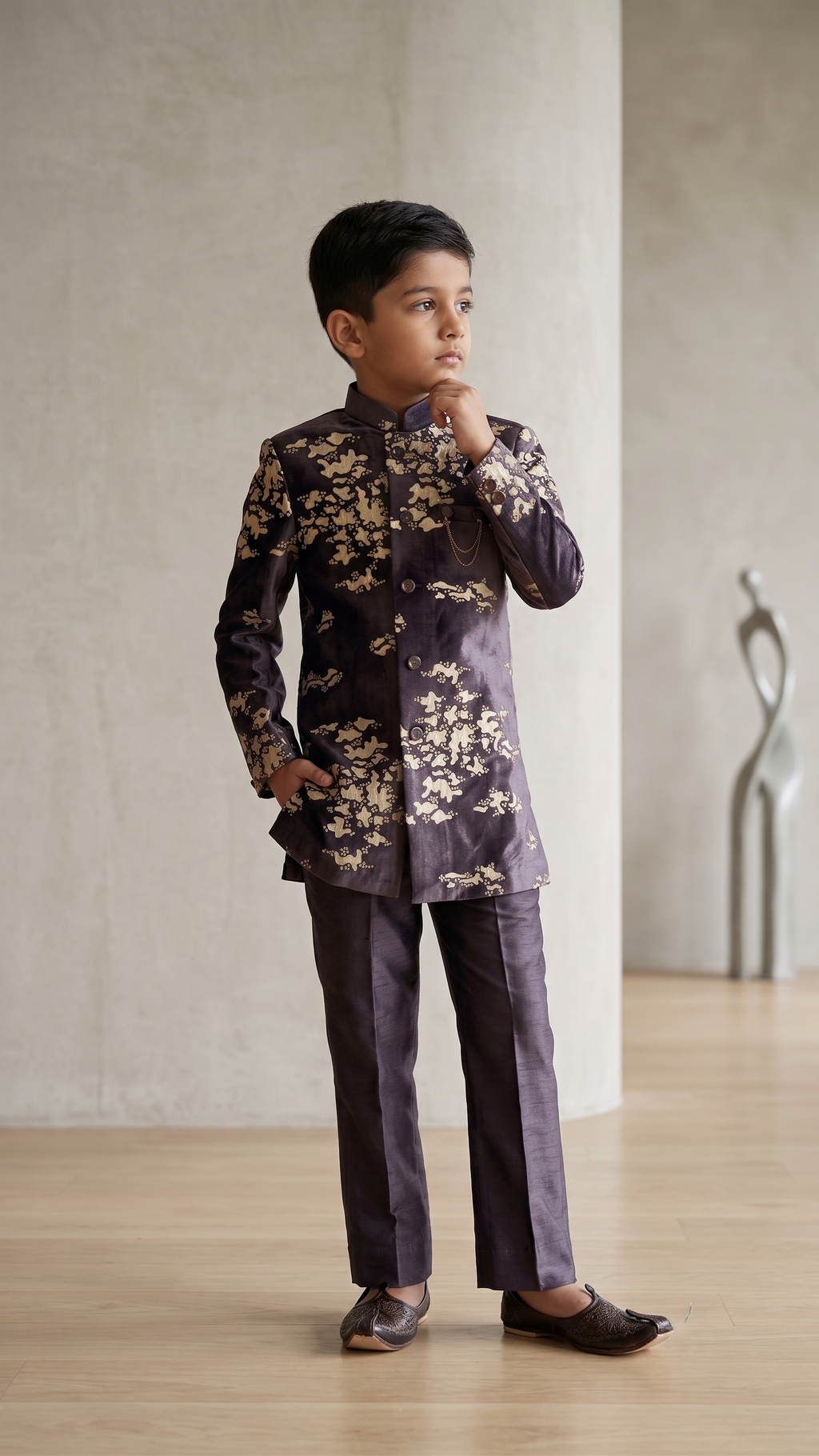 Regal Dark Purple Textured Indo-Western Suit with Bootcut Trousers