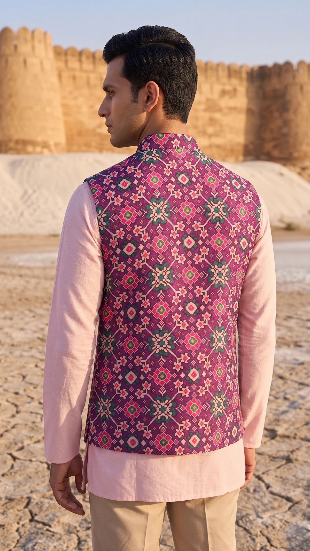 Royal Purple Geometric Ikat-Inspired Festive Waistcoat for Men