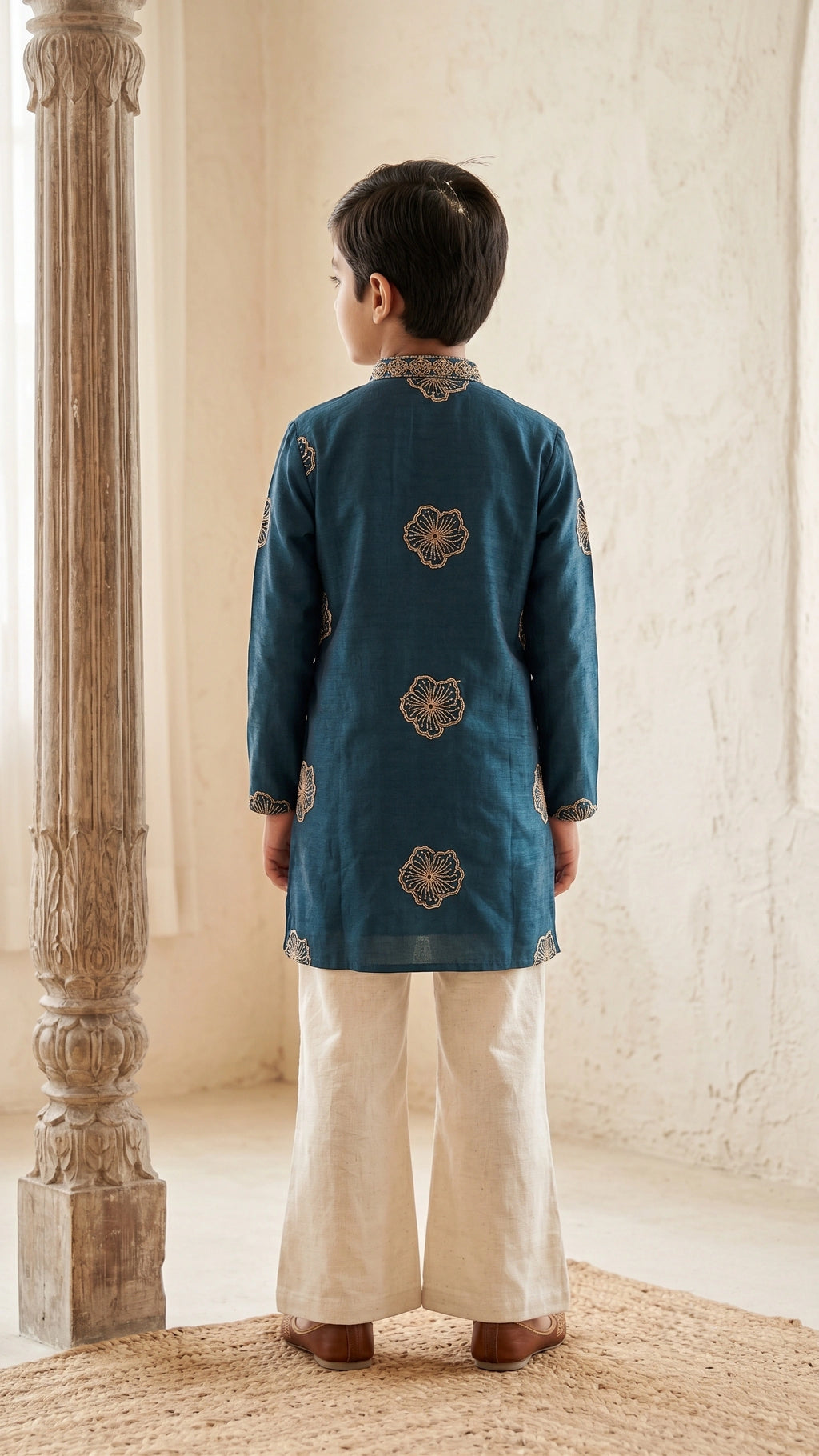 Teal Blue Embroidered Kurta Set with Bell-Bottom Trousers