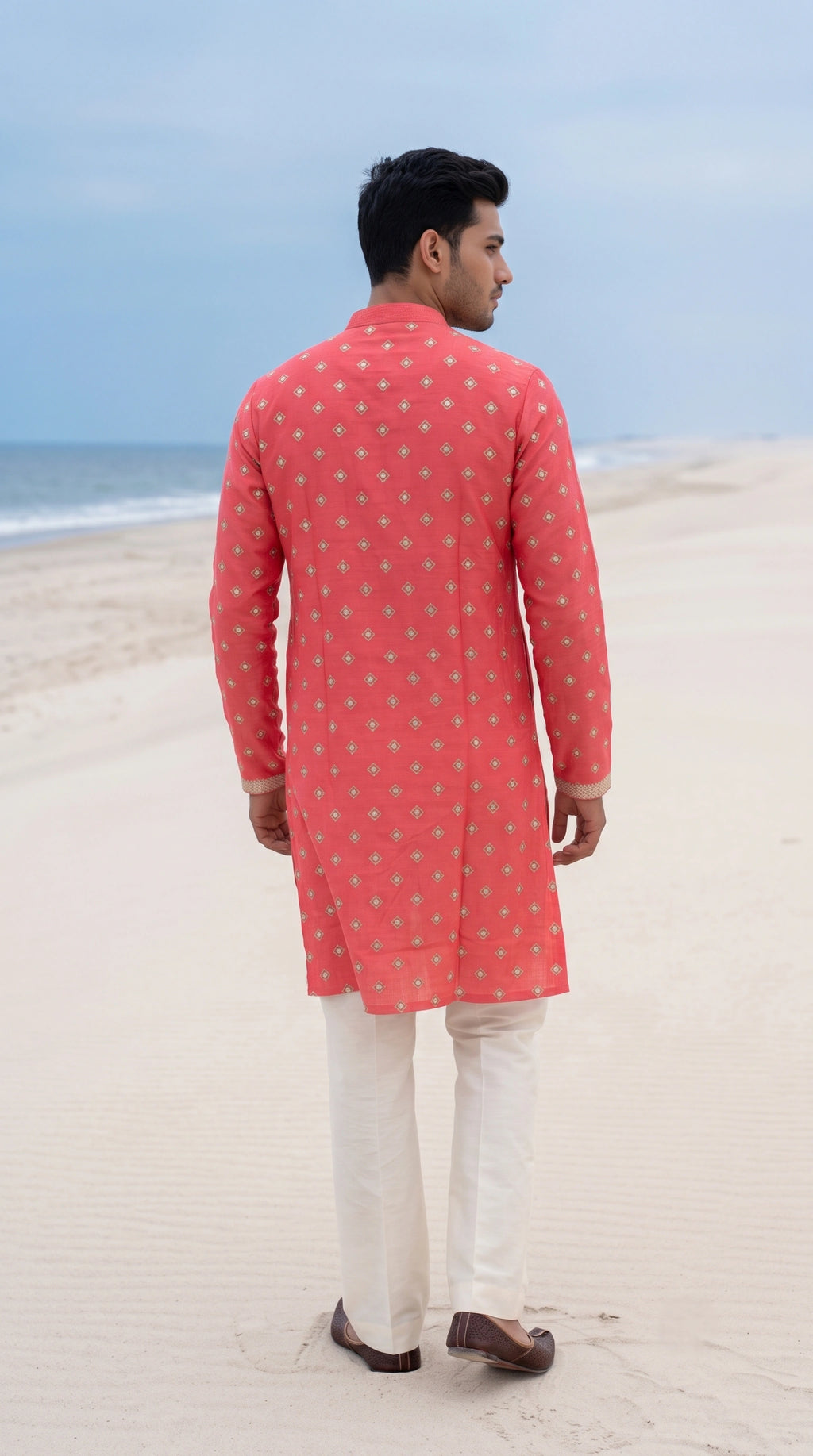 Peach-Pink Geometrical Embroidered Short Kurta Set with Mirror-Work Detailing