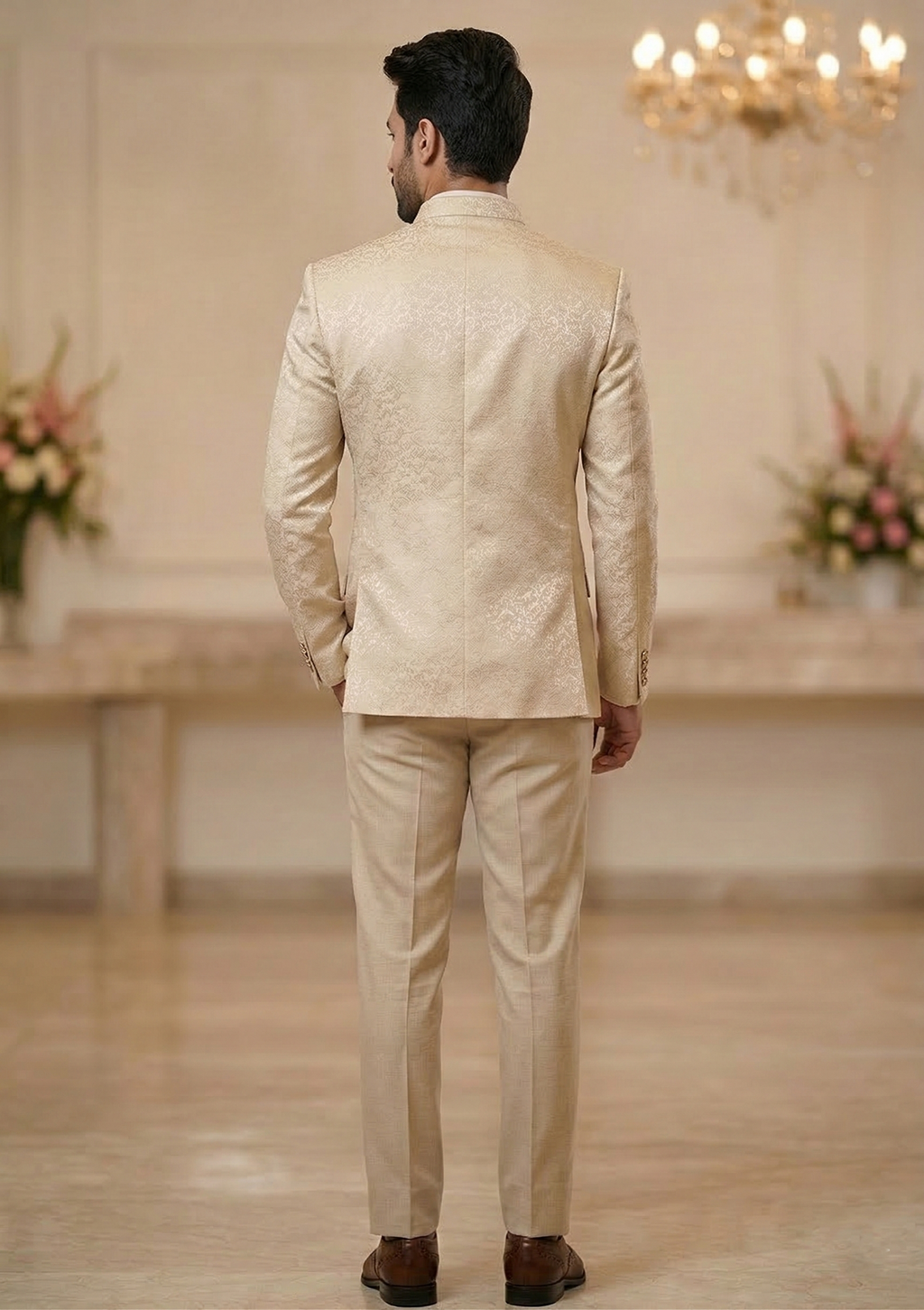 Champagne Gold Jacquard Floral Jodhpuri Bandhgala