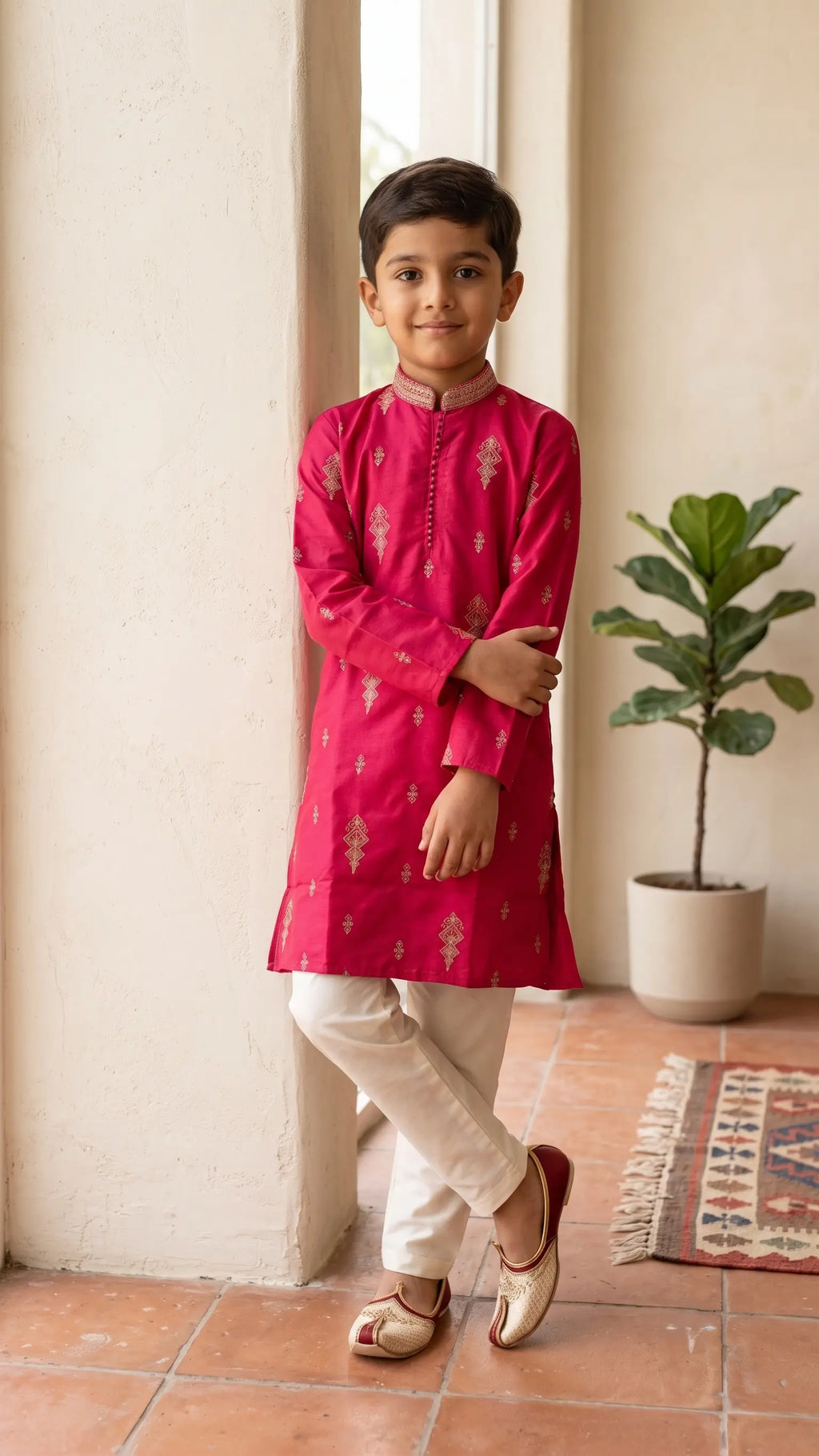 Boys Magenta Silk-Blend Embroidered Kurta Set with White Pyjama