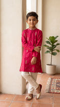 Boys Magenta Silk-Blend Embroidered Kurta Set with White Pyjama