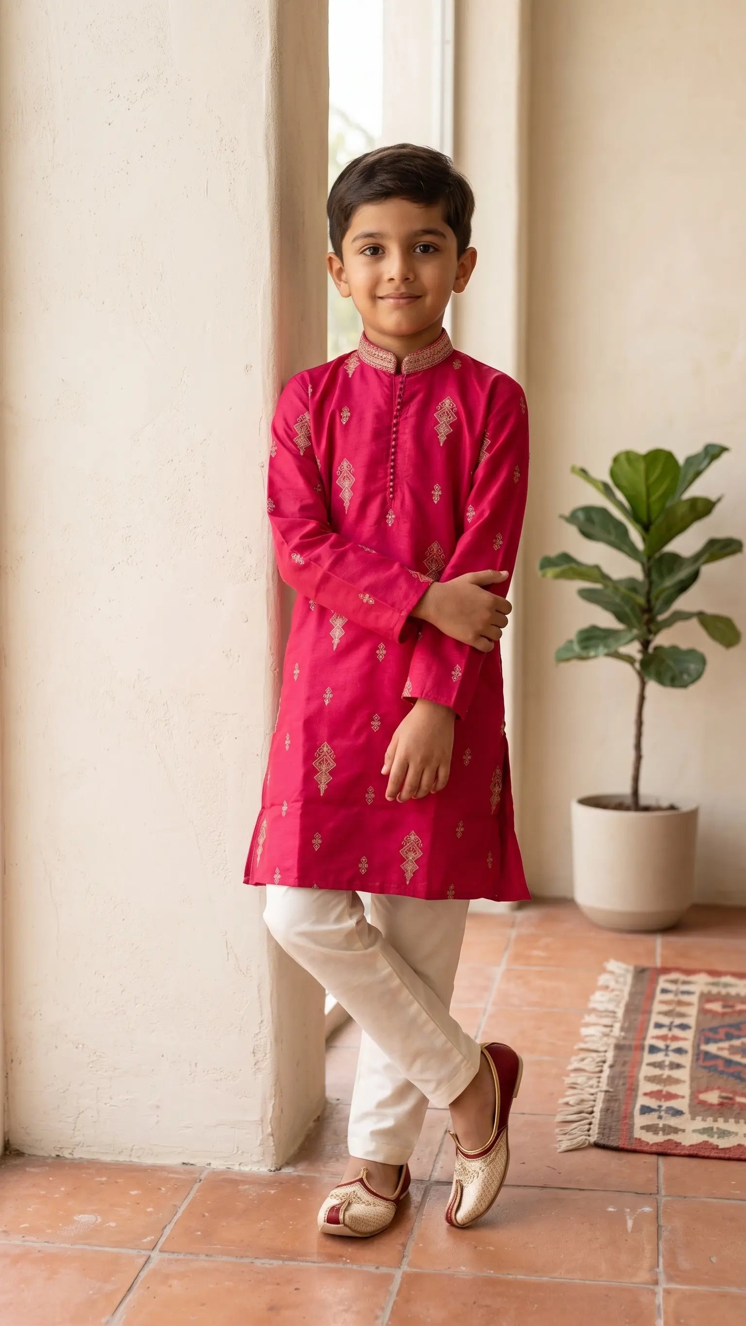 Boys Magenta Silk-Blend Embroidered Kurta Set with White Pyjama