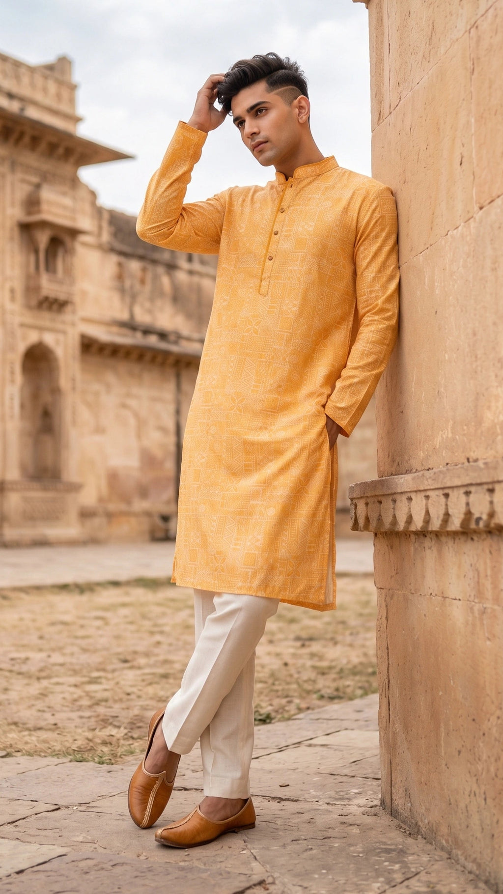 Men’s Yellow Tailored Mandrain Collar Printed Kurta