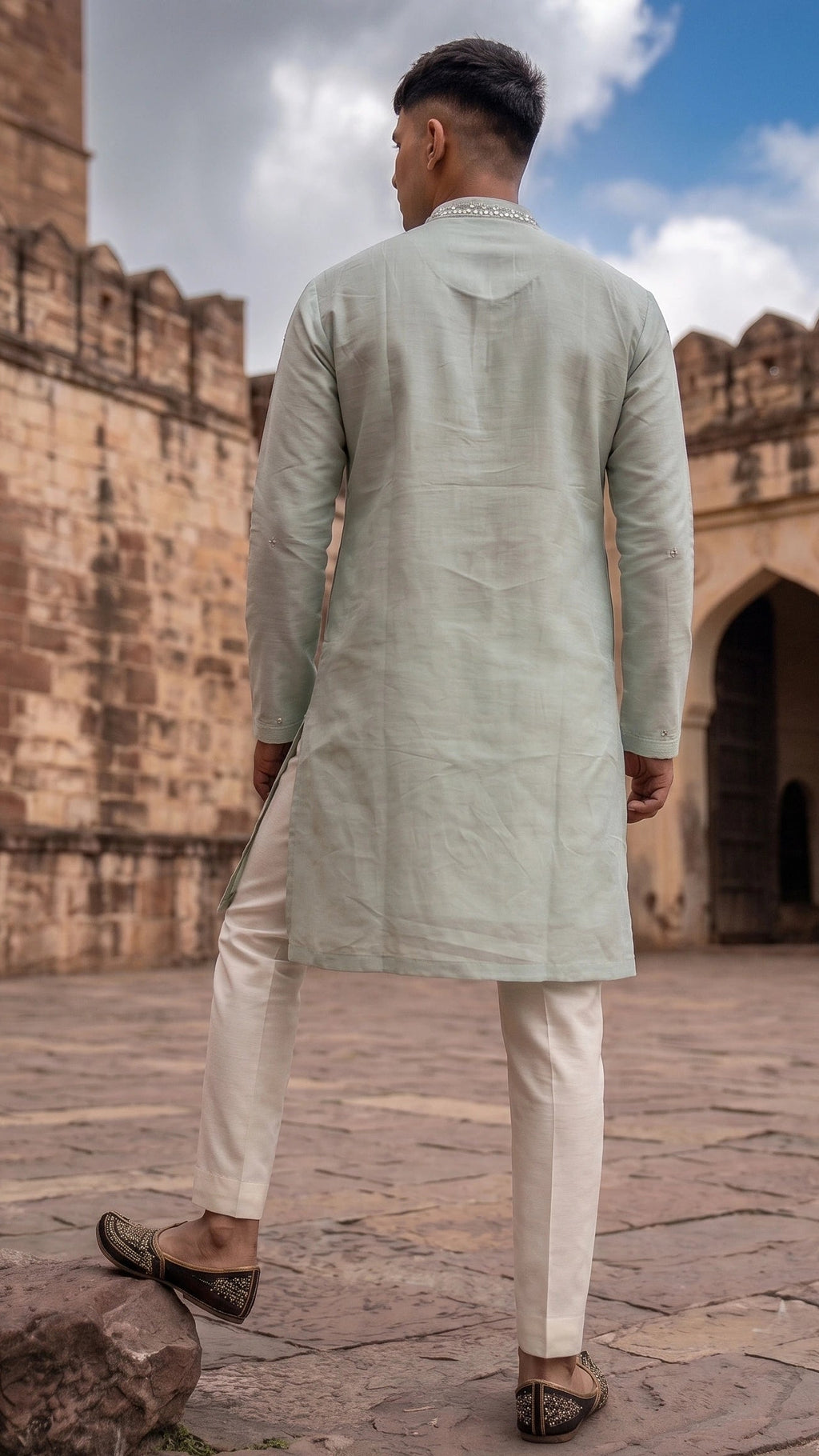 Sage Green Handcrafted Mirror Work Kurta for men