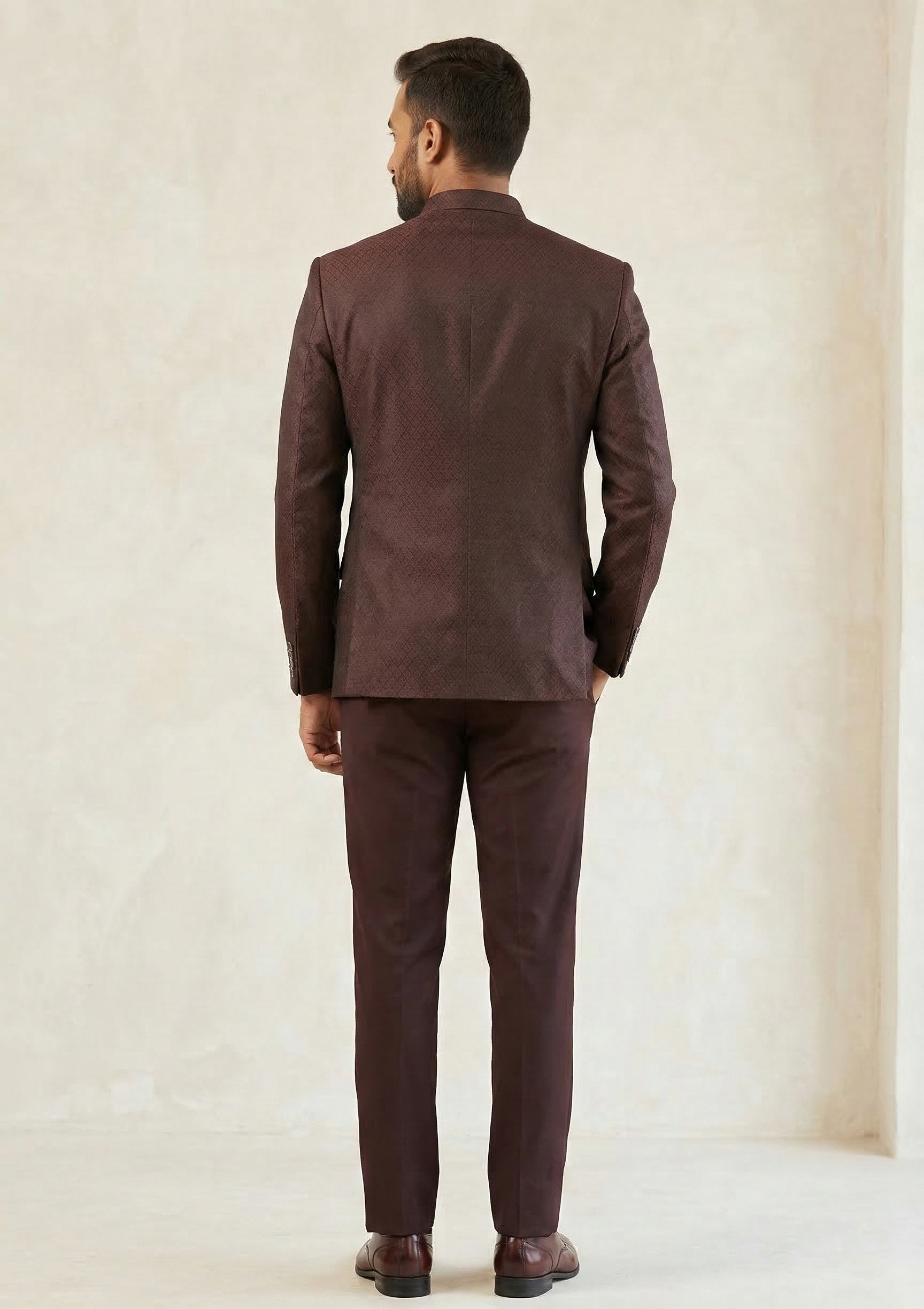 Men’s Deep Wine Textured Jodhpuri Suit with Mandarin Collar