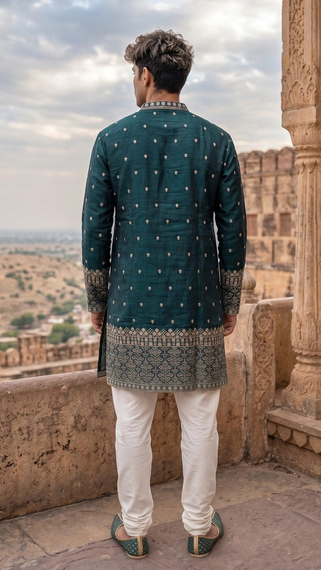 Teal Embroidered Silk Kurta with Intricate Border Detailing
