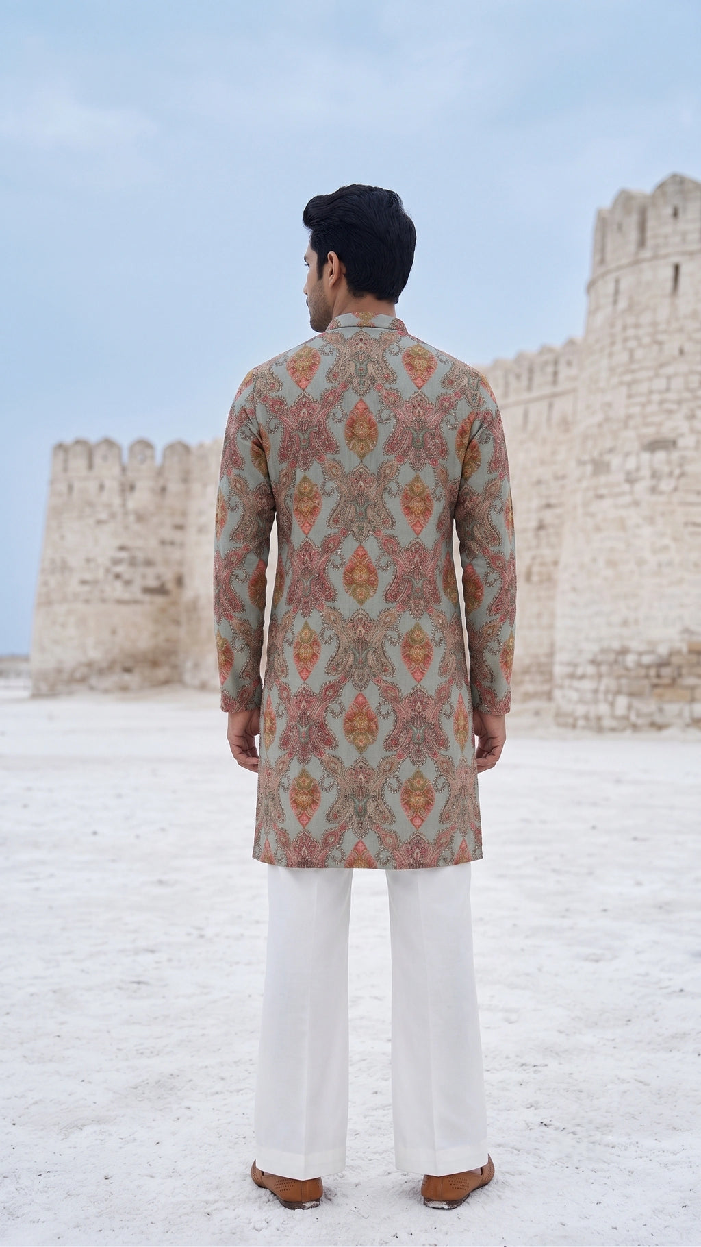 Mint Grey Hand-Embellished Paisley Kurta & Flare Pant Ensemble