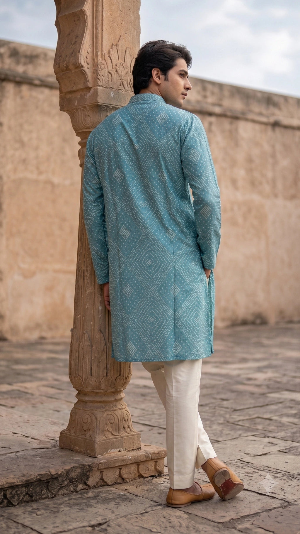 Sea Green Geometric Bandhani Printed Cotton Kurta