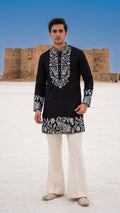 Jet Black Festive Kurta with Silver Vine & Paisley Threadwork