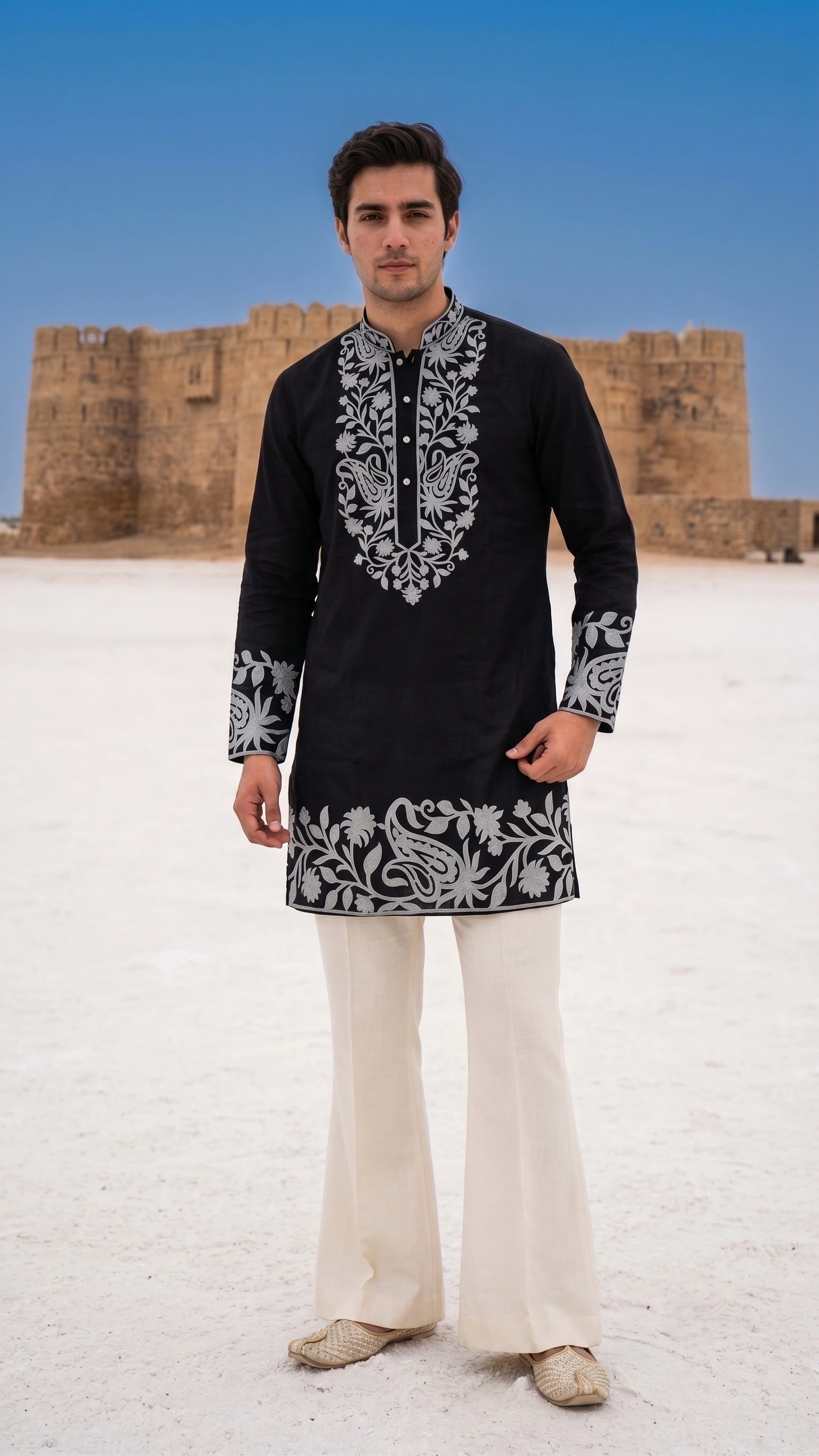 Jet Black Festive Kurta with Silver Vine & Paisley Threadwork