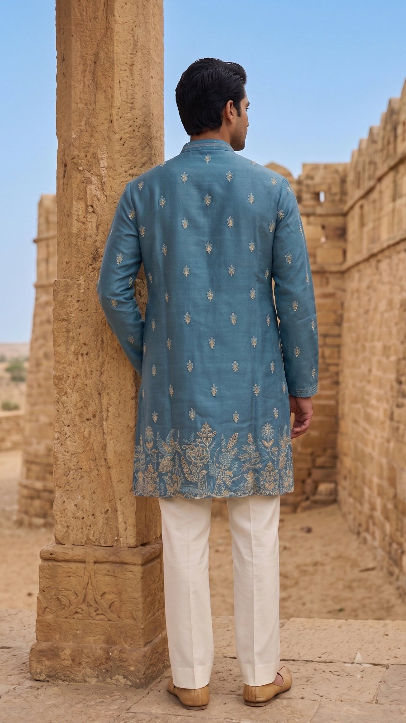 Ocean Blue Silk Kurta with Cutwork Hem & Bird Floral Embroidery