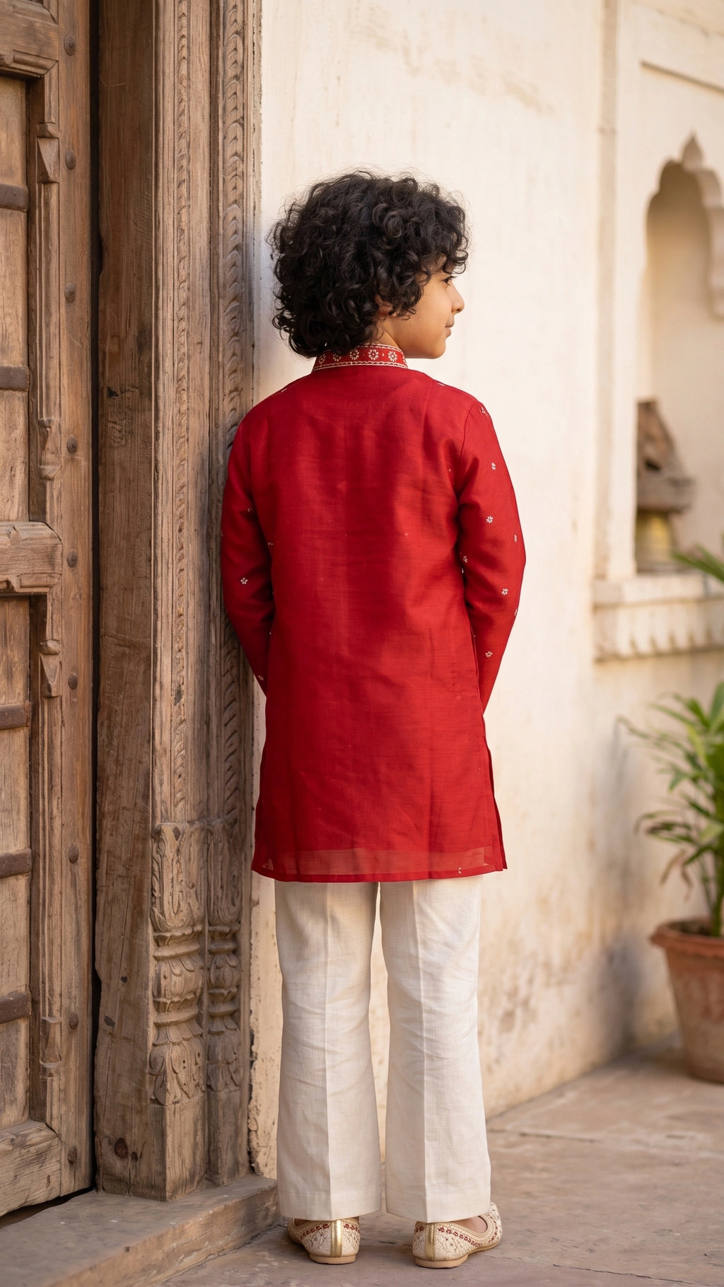 Regal Crimson Handcrafted Embroidered Kurta Set for Boys