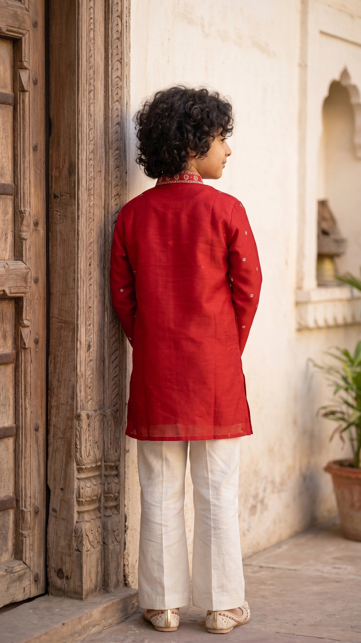 Regal Crimson Handcrafted Embroidered Kurta Set for Boys