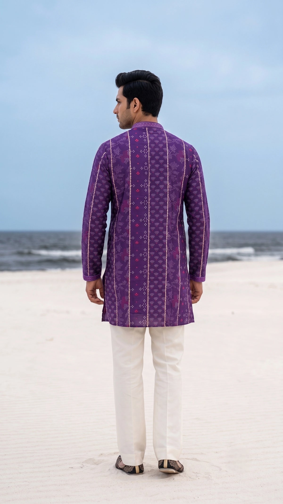 Royal Violet Bandhani Print Short Kurta Set with Embroidered Placket