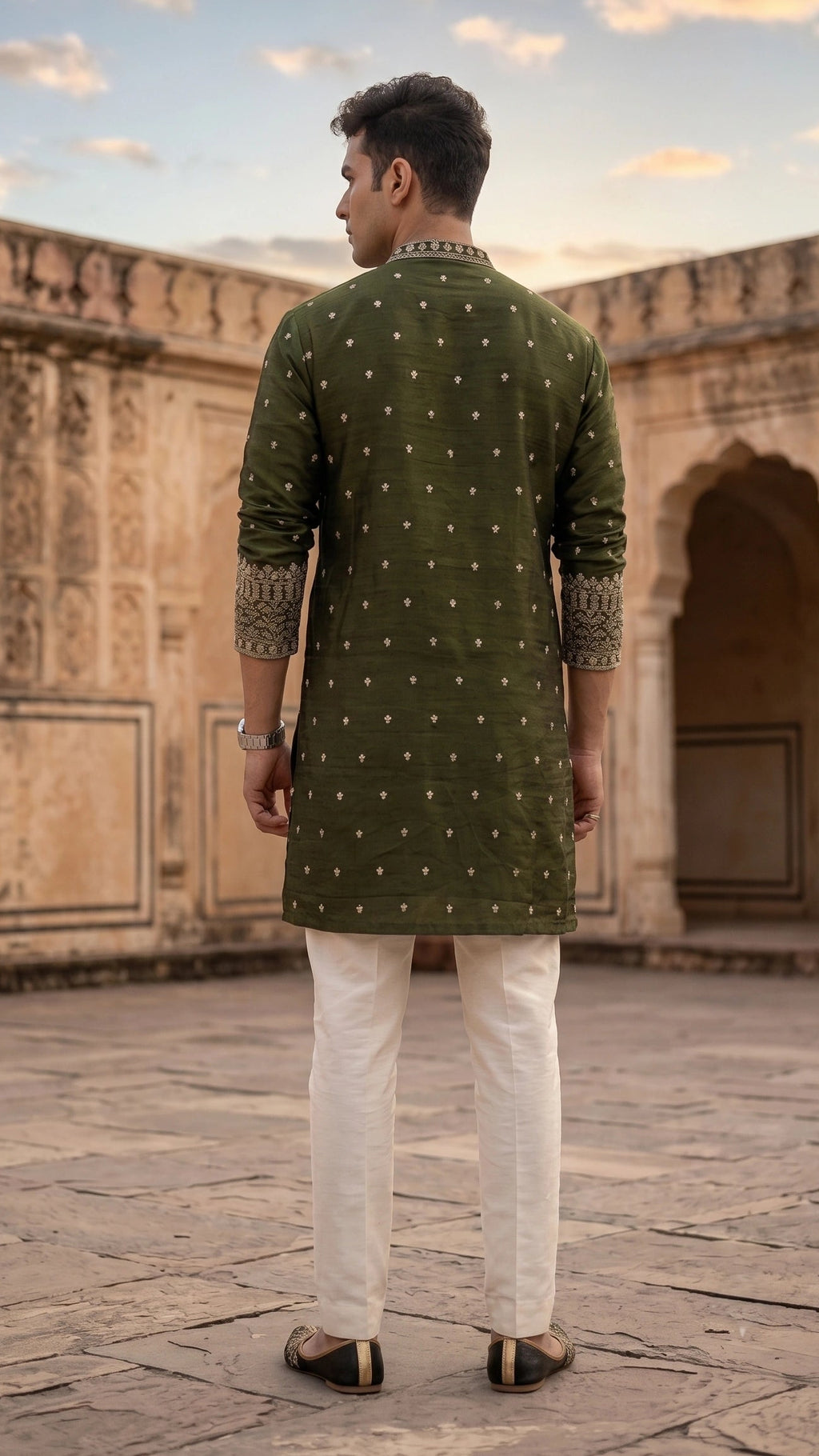 Deep Olive Zari & Buti Embroidered Festive Kurta