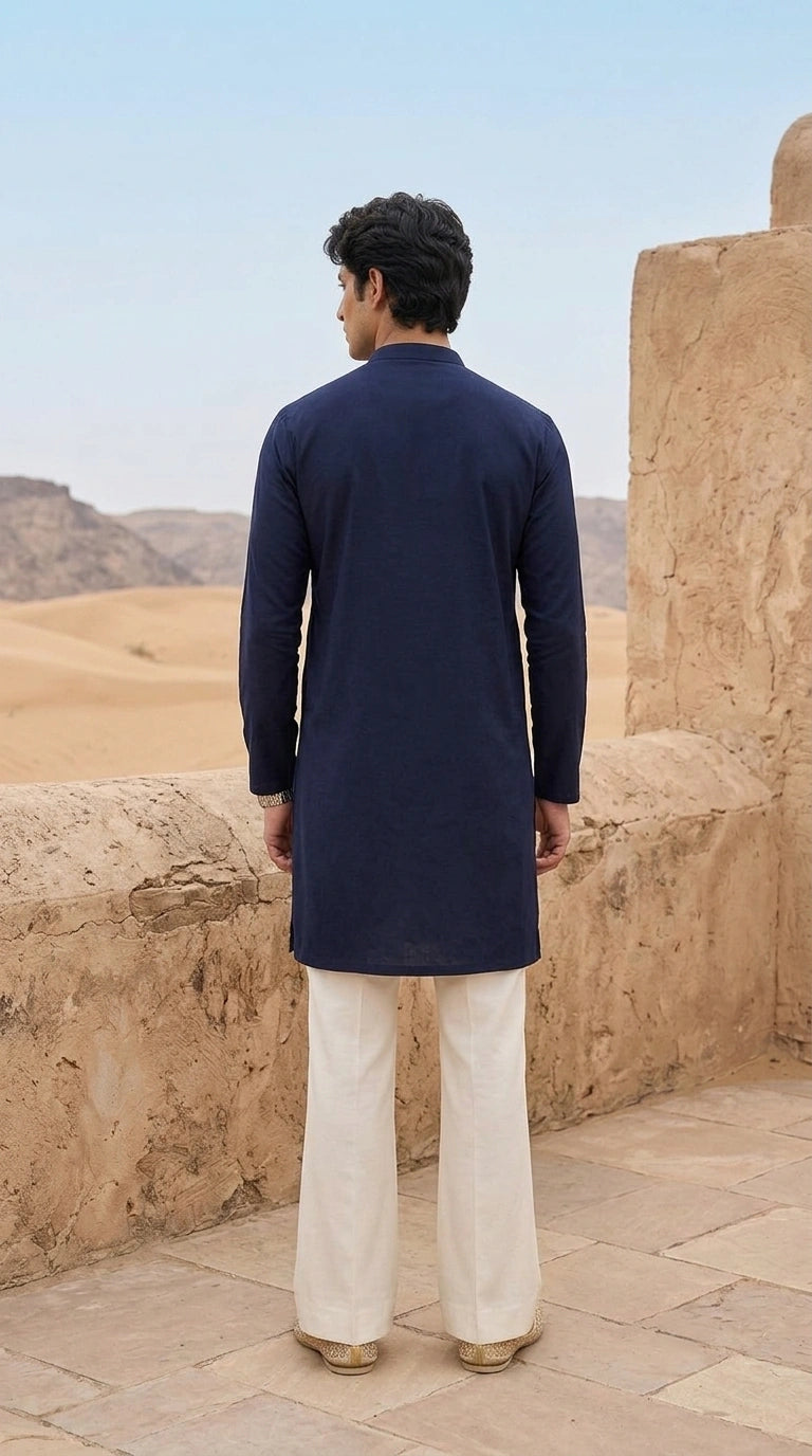Regal Indigo Threadwork Kurta for Men