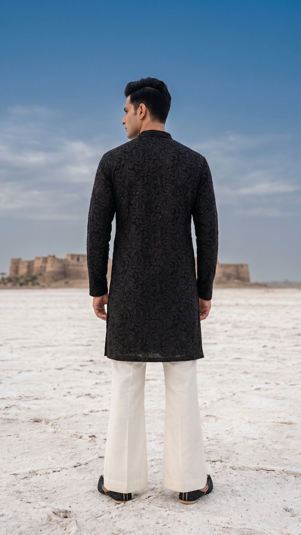 Jet Black Intricate Paisley Embroidered Silk-Blend Kurta