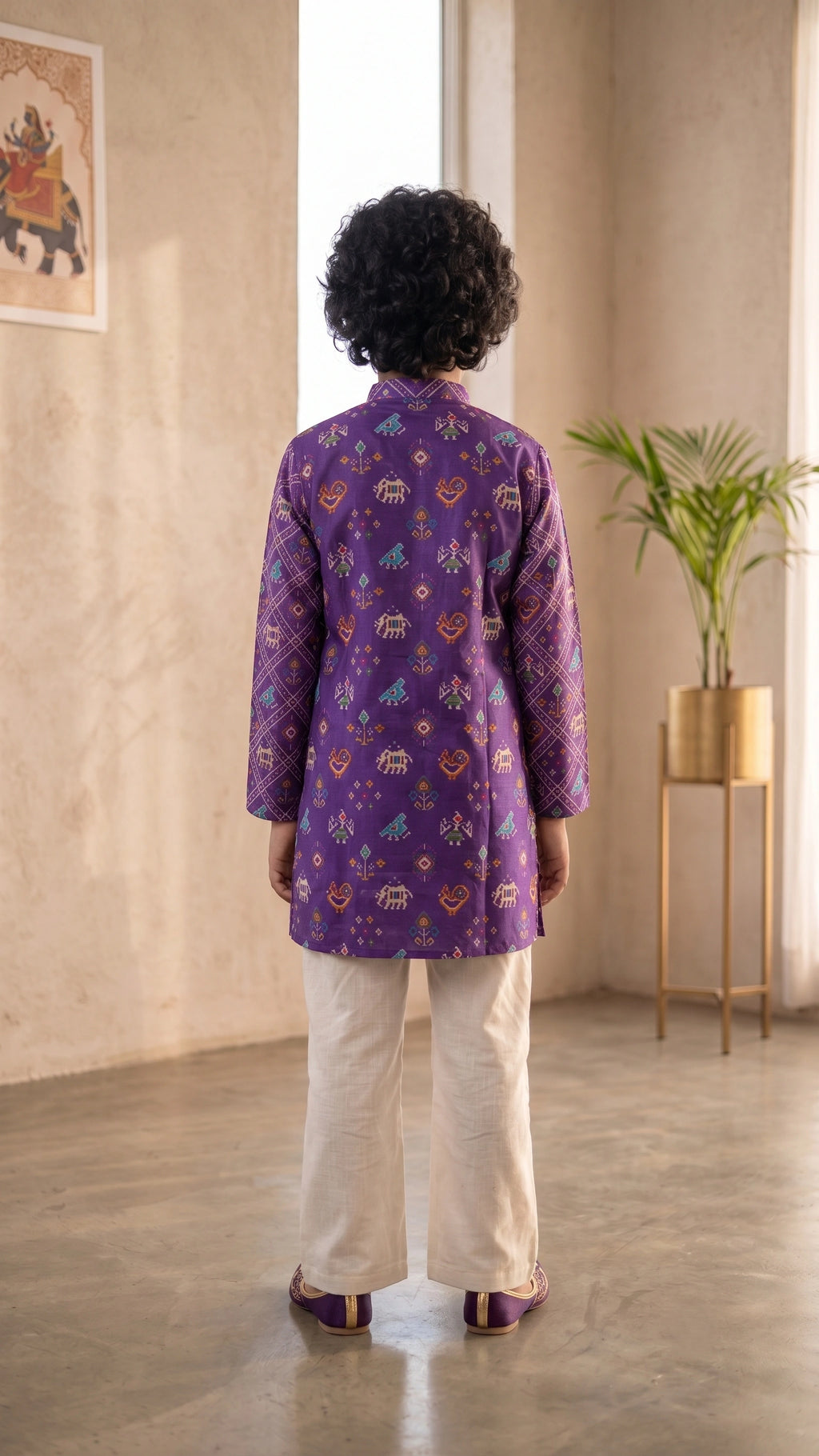 Boys Royal Purple Patola Print Kurta Set with Straight Trousers