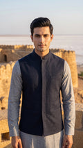 Midnight Navy Textured Nehru Jacket / Waistcoat