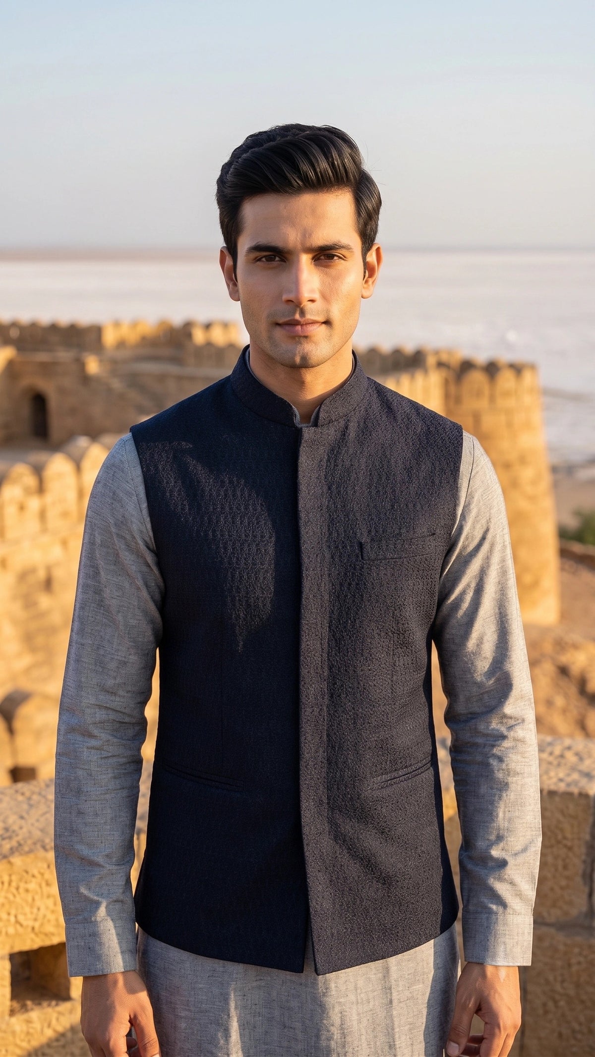 Midnight Navy Textured Nehru Jacket / Waistcoat