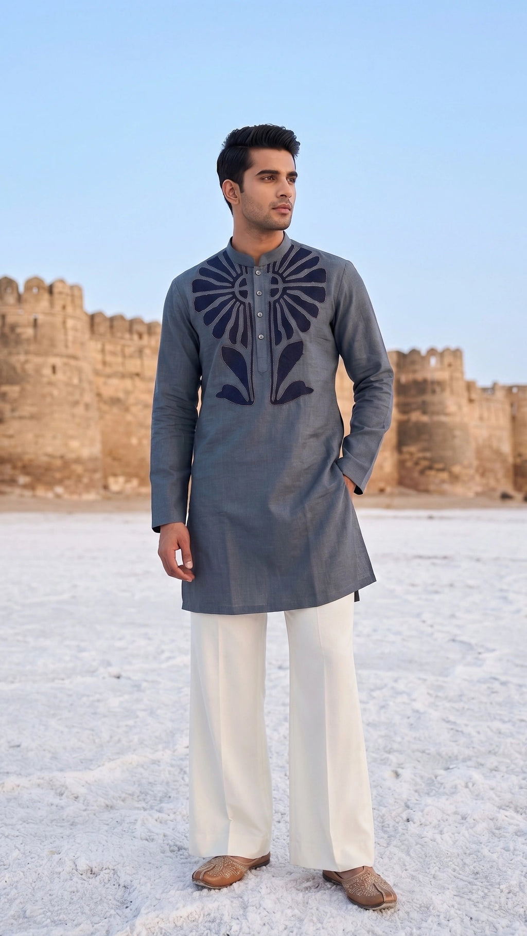 Slate Grey Handcrafted Botanical Appliqué Kurta