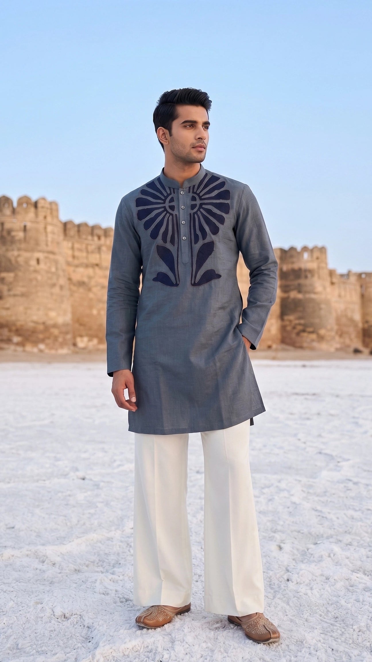Slate Grey Handcrafted Botanical Appliqué Kurta