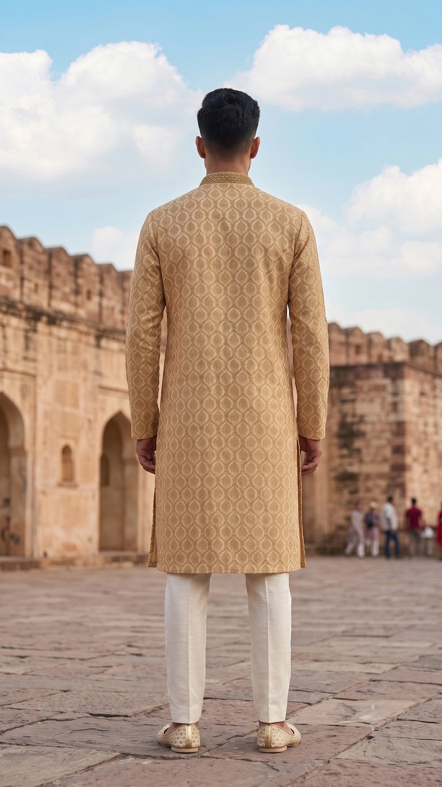 Men's Ochre Gold Jacquard Silk Kurta Set with Embroidered Mandarin Collar