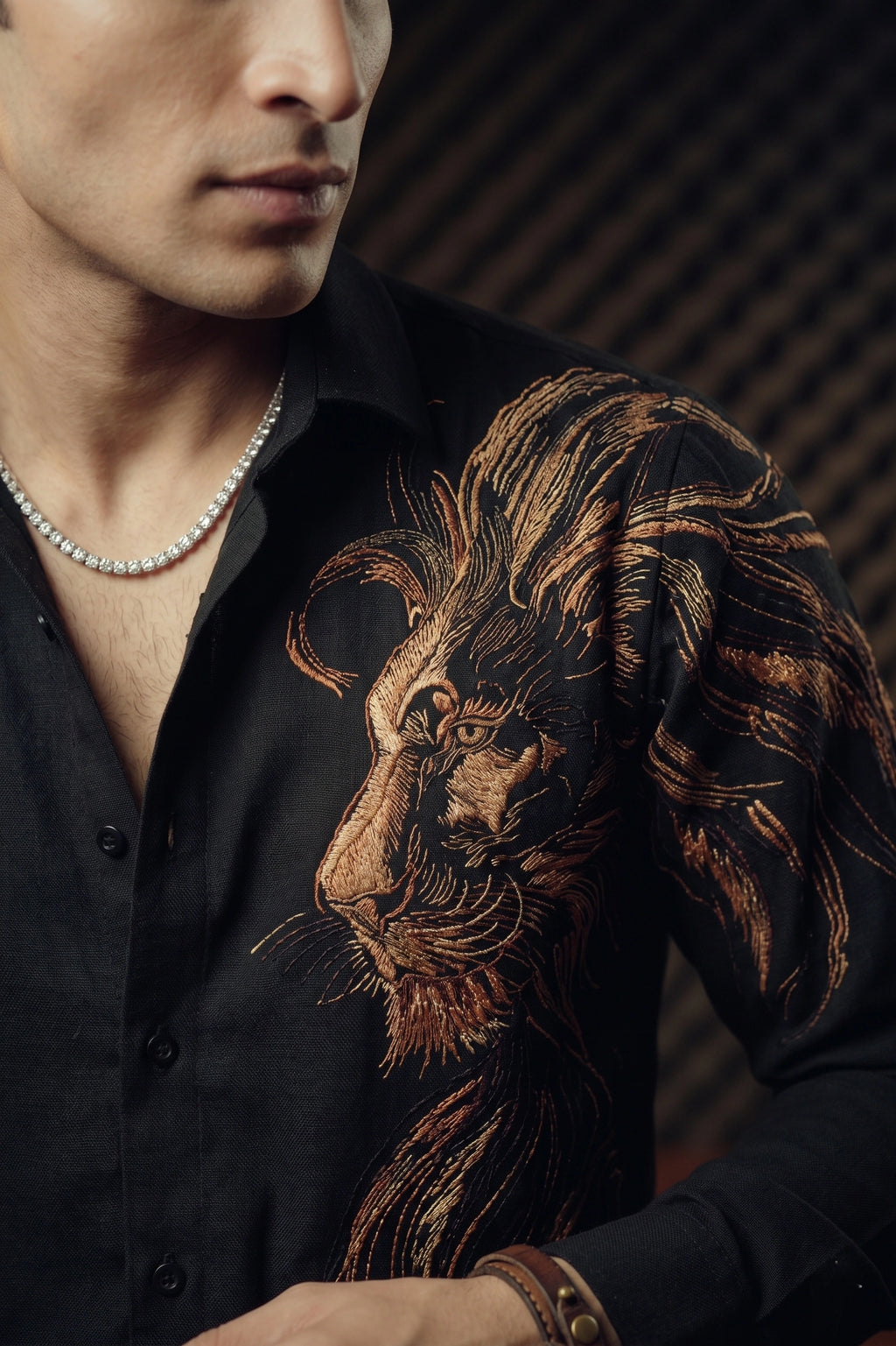 The Regal Lion | Hand-Painted Onyx Black Premium Designer Shirt