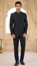 Midnight Navy Textured Jodhpur Suit with Embellished Mandarin Collar