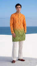 Festive Silk-Blend Bandhej Short Kurta with Mandarin Collar & Ombré Dip-Dye